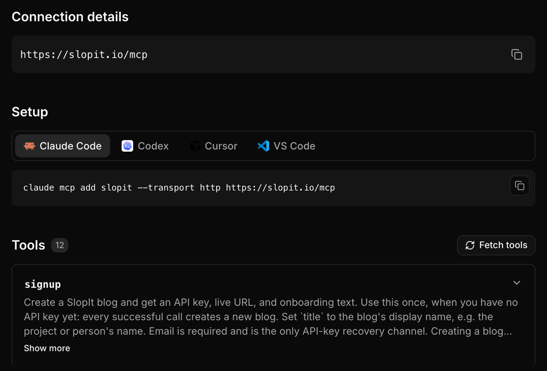 The same mcp.so listing after the fixes, with Tools showing 12 and the signup tool listed first