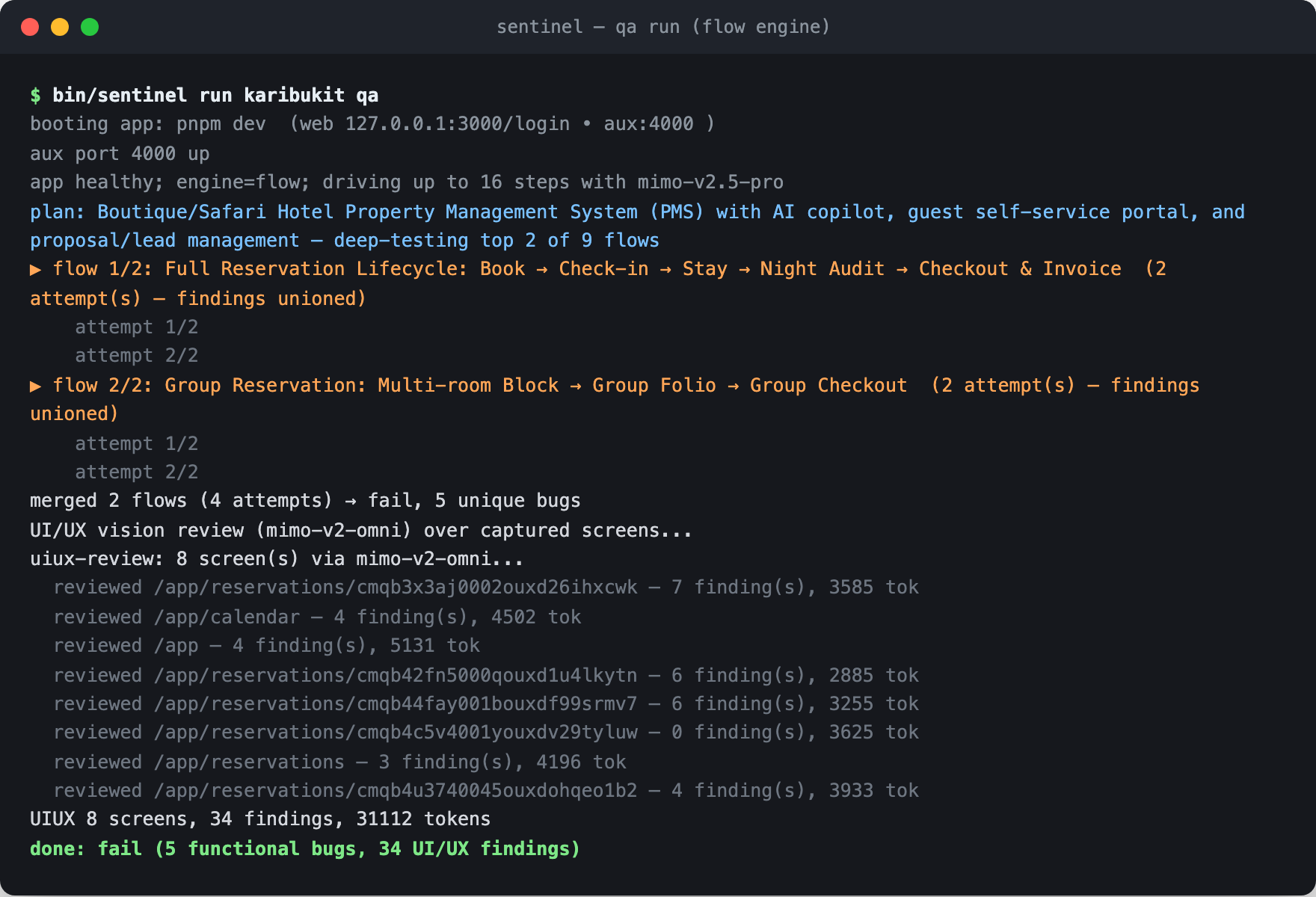 Terminal output of a Sentinel QA run against the hotel PMS