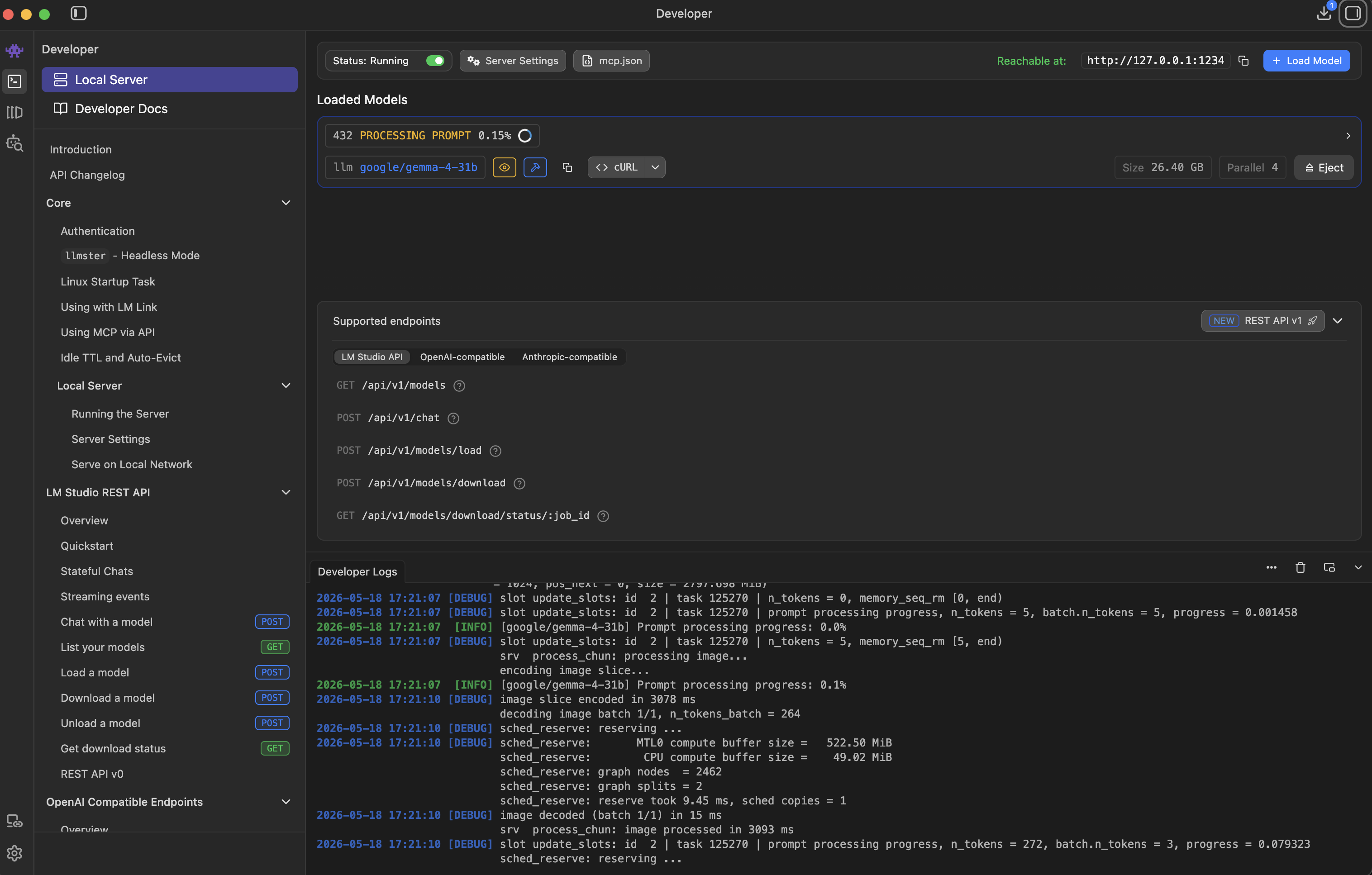 LM Studio Developer view with gemma-4-31b loaded, 28.40 GB, REST API at 127.0.0.1:1234, server logs showing image encoding