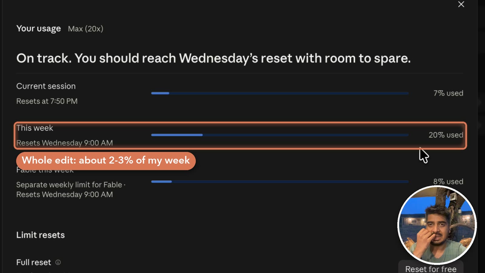 Usage after the first pass of the baboon reel, about 2–3% of the week on Max 20x