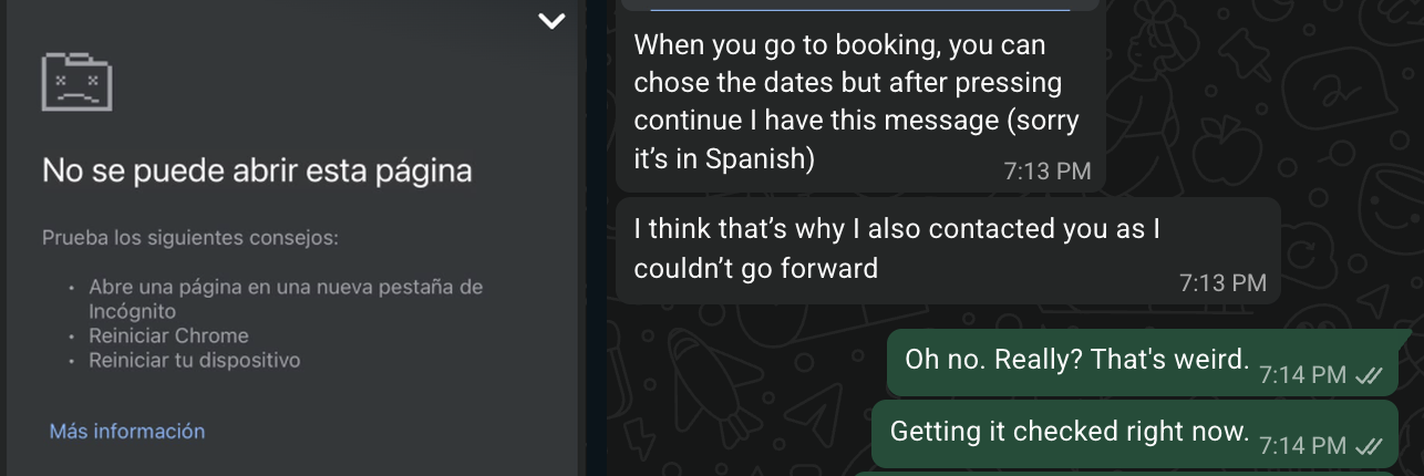 The guest's WhatsApp messages: a Chrome error page in Spanish, "No se puede abrir esta página", then "after pressing continue I have this message (sorry it's in Spanish)" at 7:13 PM, and the lodge replying "Getting it checked right now" at 7:14 PM