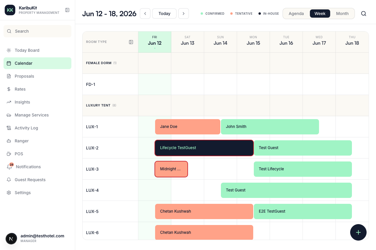 The hotel PMS calendar during the run, filled with test reservations