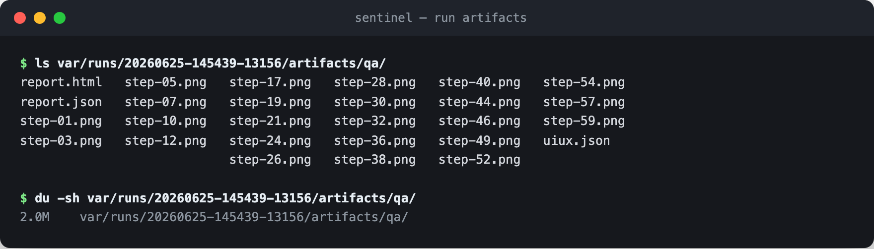 Directory listing of one run's artifacts: a screenshot per step plus reports